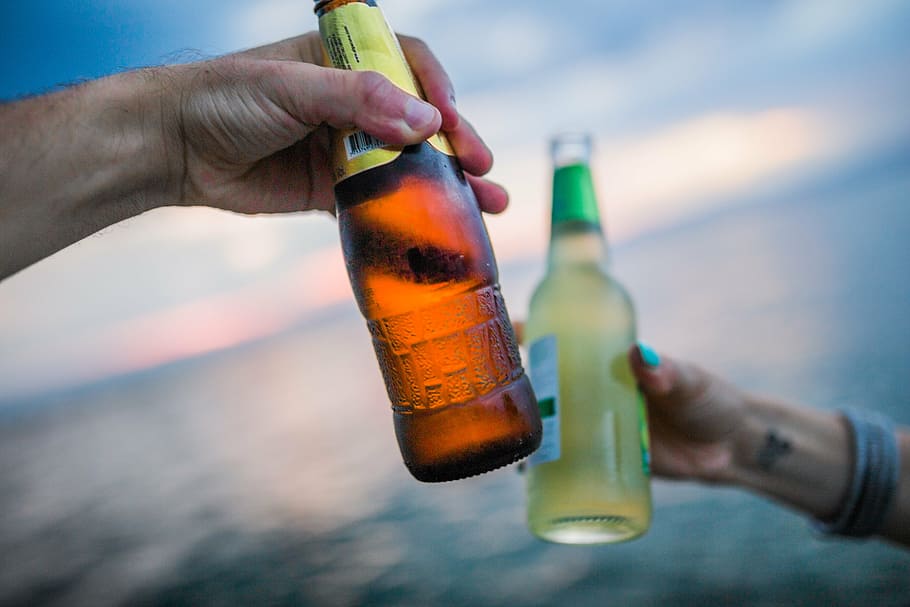 shallow focus photography of glass bottles, two, beer, alcohol