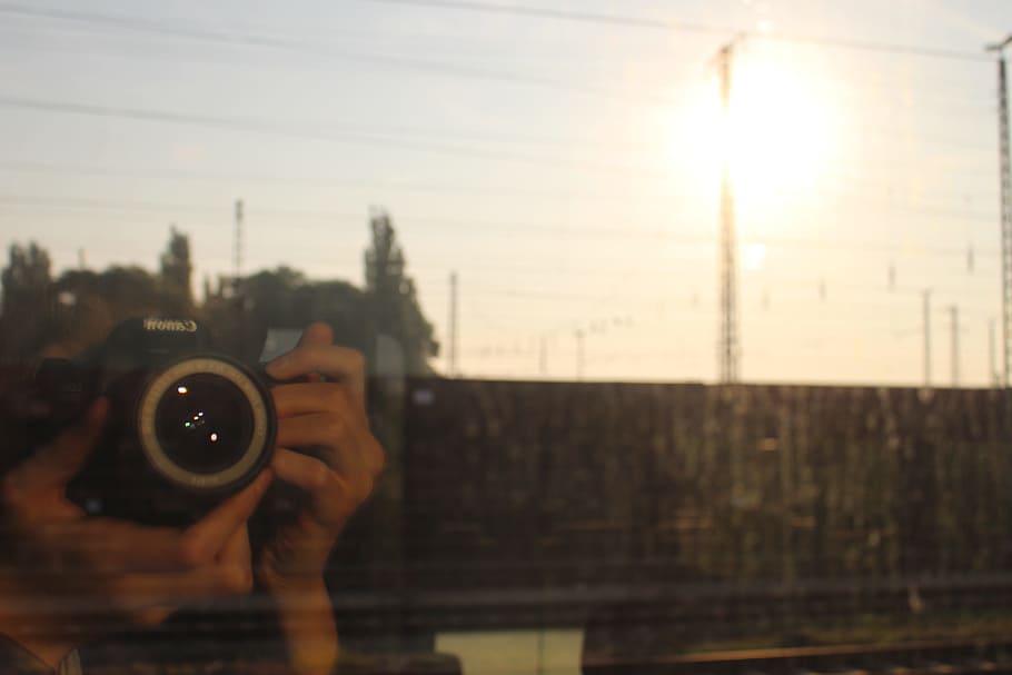 photography, camera, mirror image, one person, holding, human hand HD wallpaper