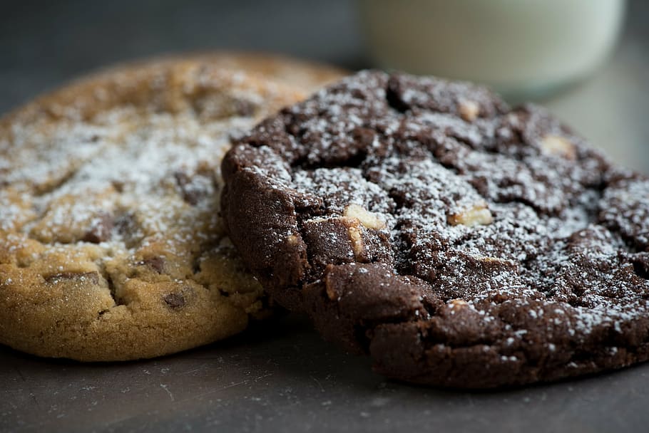 two baked brownie and cookie, cookies, chocolate cookie, nut cookie