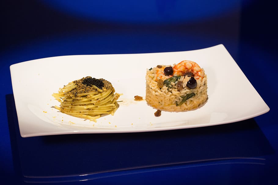 first, dish, spaghetti, rice, pasta, shrimp, caviar, olives HD wallpaper