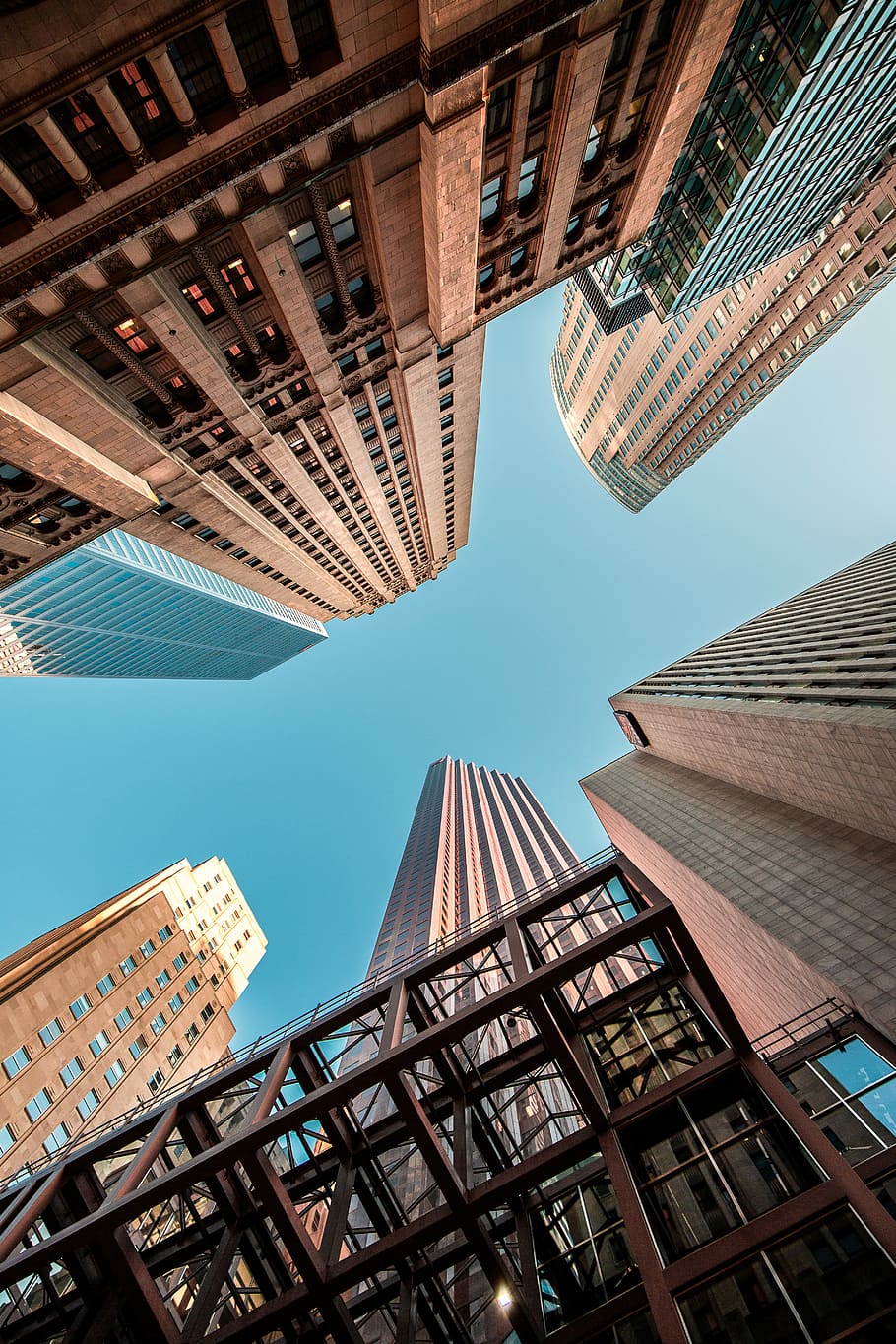 wormseye view of high-rise buildings under blue sky, low-angle photography of high-rise buildings at daytime HD wallpaper