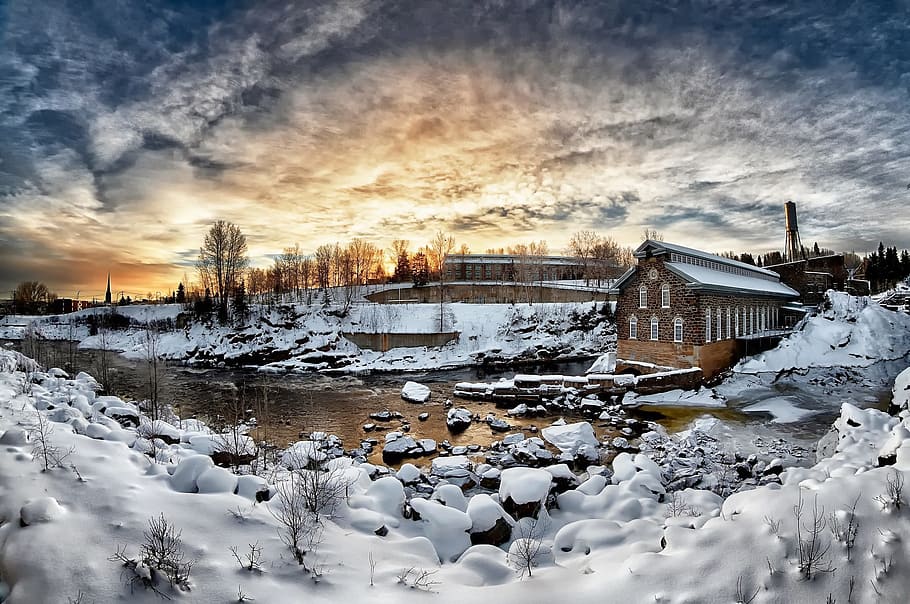 panorama photography of house and trees covered with snow, landscape HD wallpaper