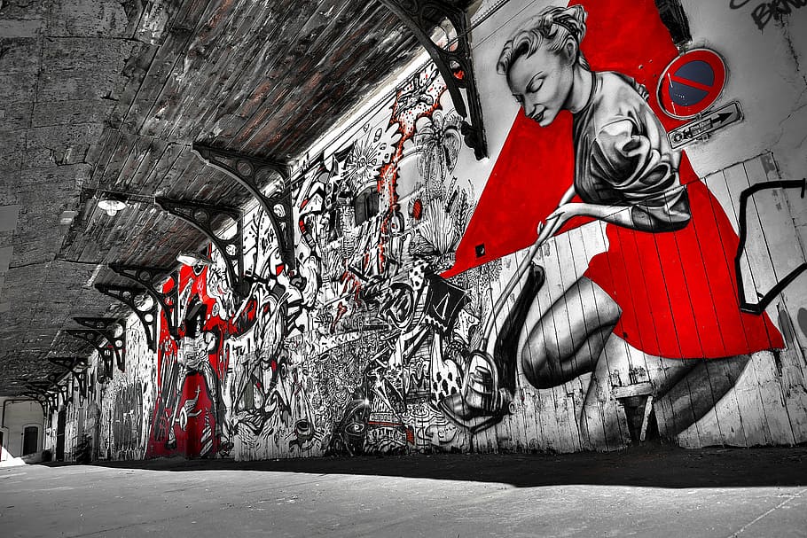 white and red street wall art, graffiti, city, urban, artwork