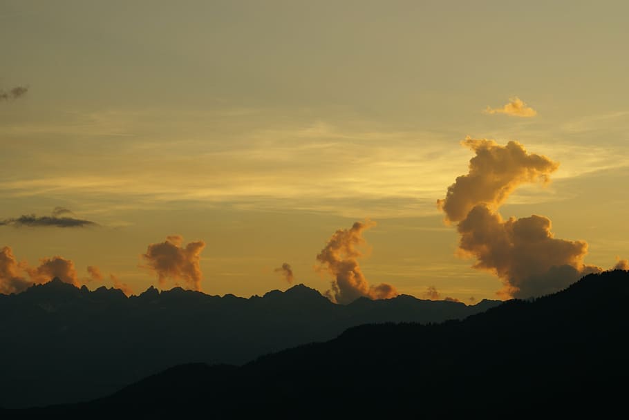 clouds, mountains, sun, sunset, sky, cloud - sky, silhouette HD wallpaper