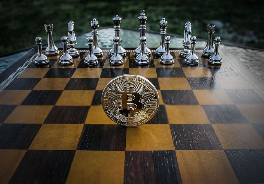 gold-colored coin on chessboard, cryptocurrency, concept, bitcoin