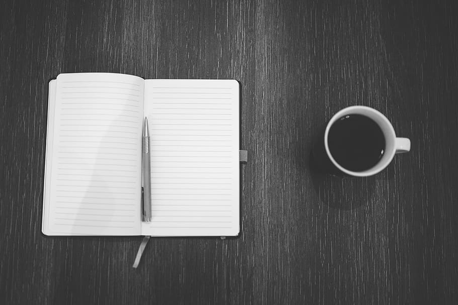 gray twist pen on notebook beside coffee filled mug, notepad HD wallpaper