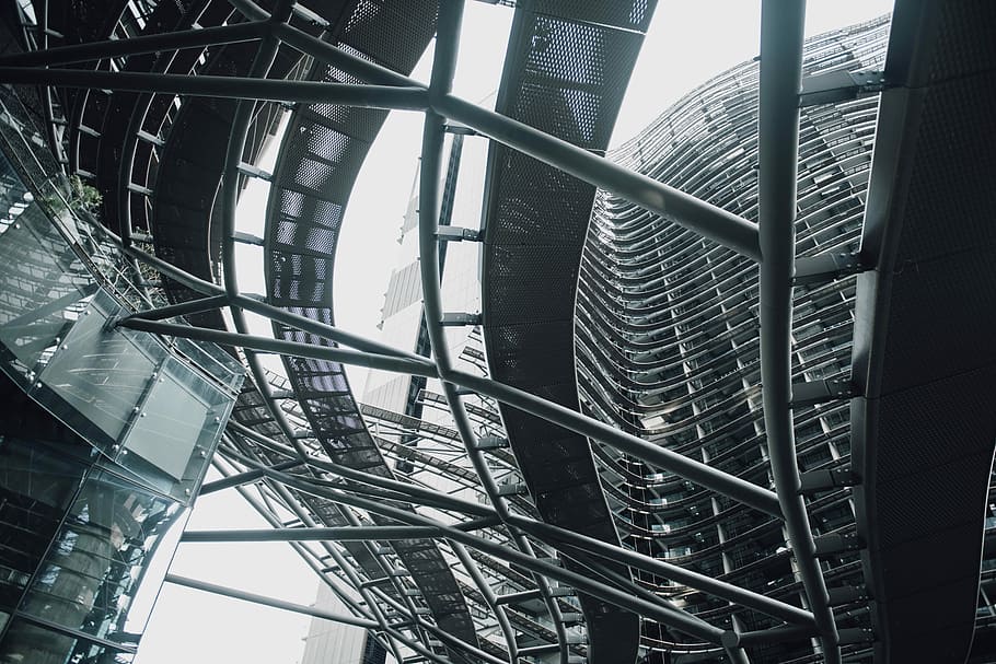 worm's eye view photography of city building during daytime, grayscale photography of architectural building HD wallpaper