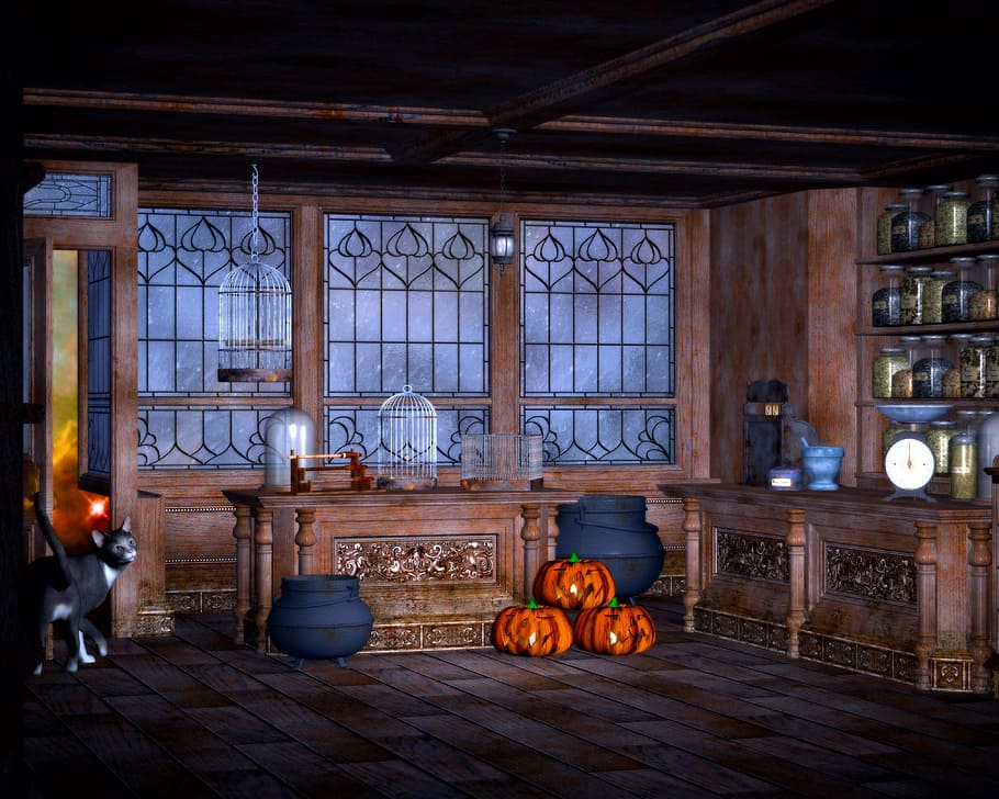Wizards Room 3d models with pumpkins and other stuff, cat, cauldron HD wallpaper