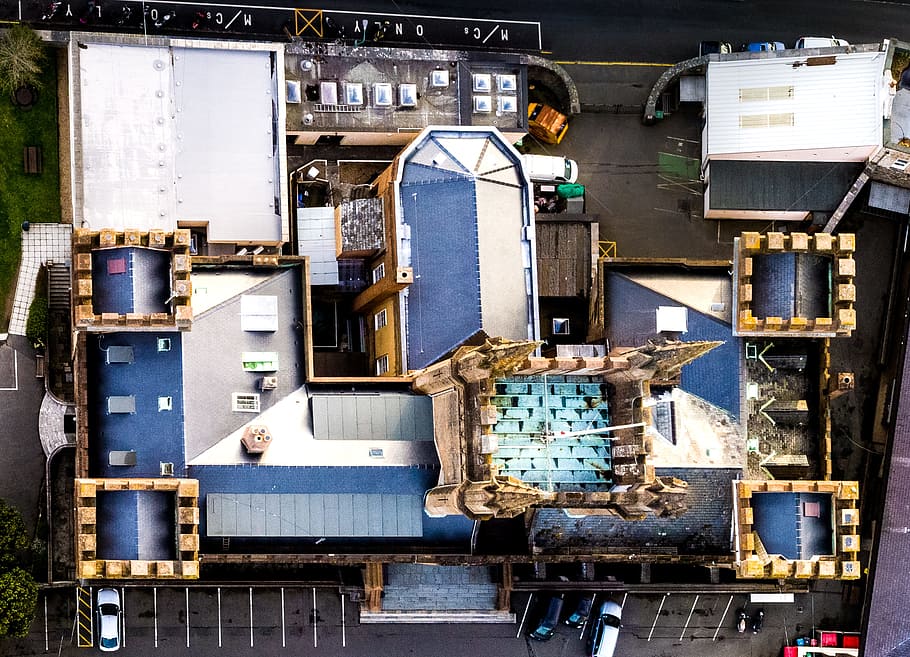 aerial photograph of a building, bird-eye photography of blue and brown building HD wallpaper