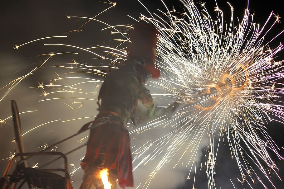 pyrotechnics, show, sparks, firecracker, motion, illuminated HD wallpaper