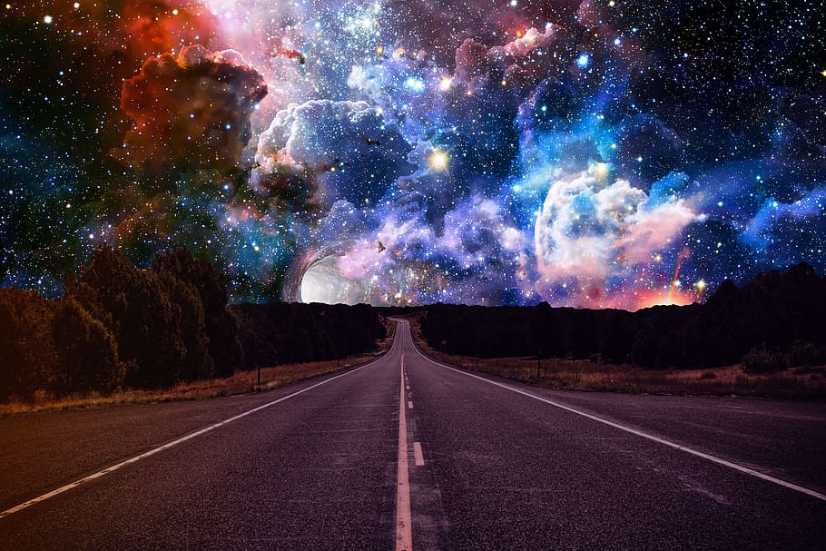 long road photography with nebula skies, space, sky, street, route, HD wallpaper