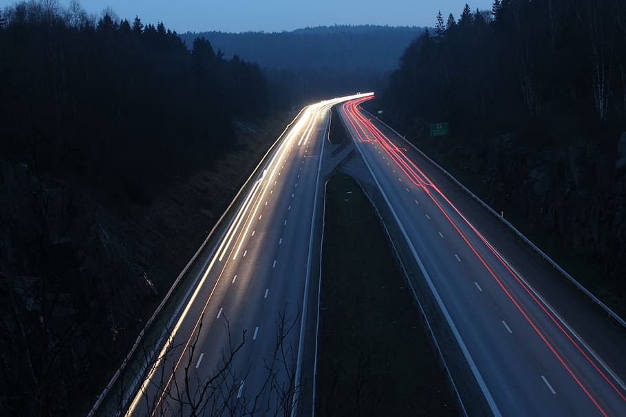 traffic, night, evening, drive, road, light track, partille HD wallpaper