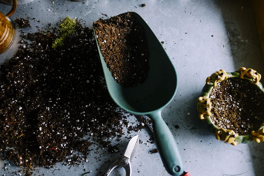 green metal garden shovel filled with brown soil, black soil inside garden scoop, HD wallpaper