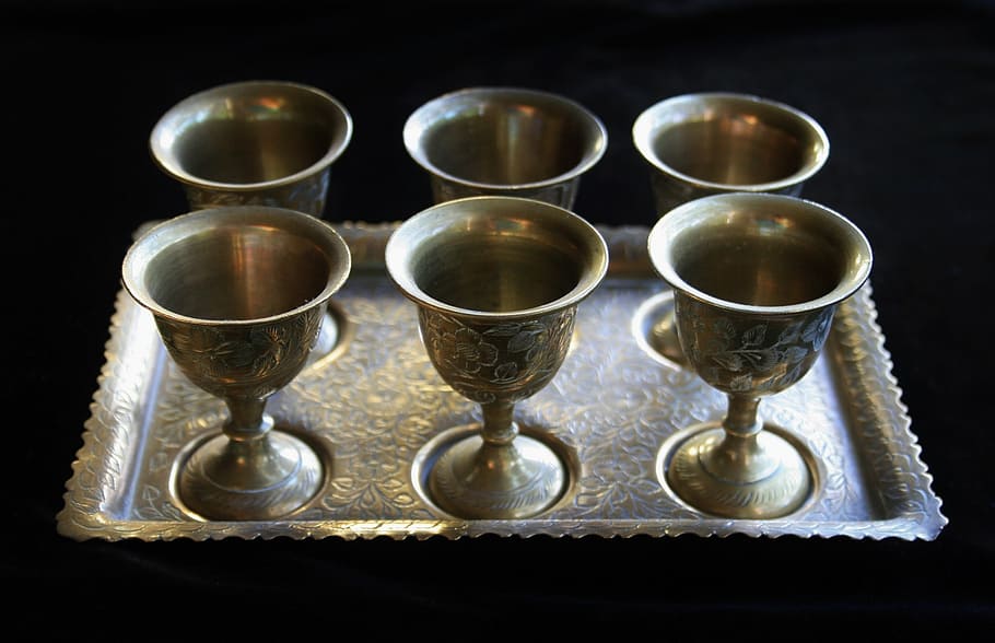 brass, set, tray, cups, egg, ornate, indian, studio shot, group of objects HD wallpaper