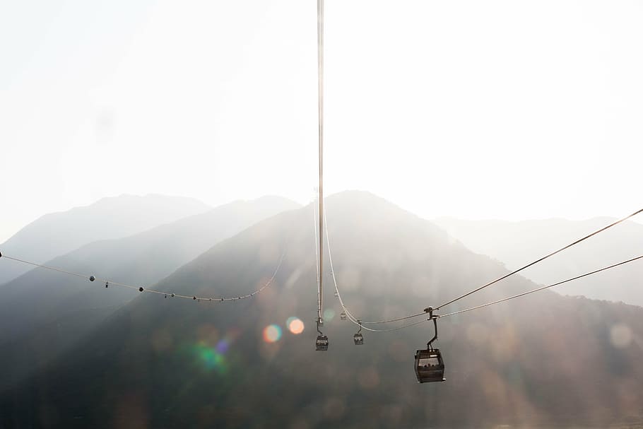 cable car near foggy mountain at day, highland, cloud, sky HD wallpaper