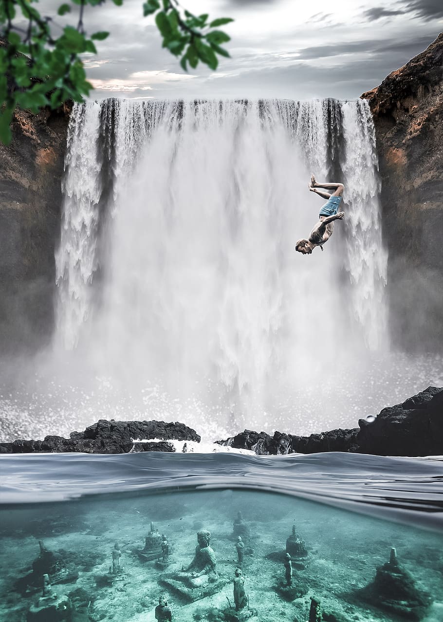 waterfall, underwater, sea, motion, sport, nature, beauty in nature HD wallpaper