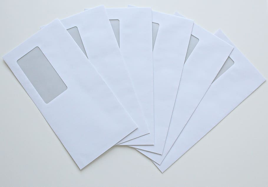six white windowed envelopes, post, paper, letters, leave, message, HD wallpaper