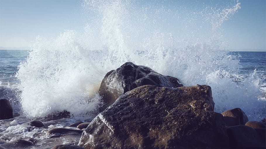 two brown and black rock near body of water photo, wave, spray HD wallpaper