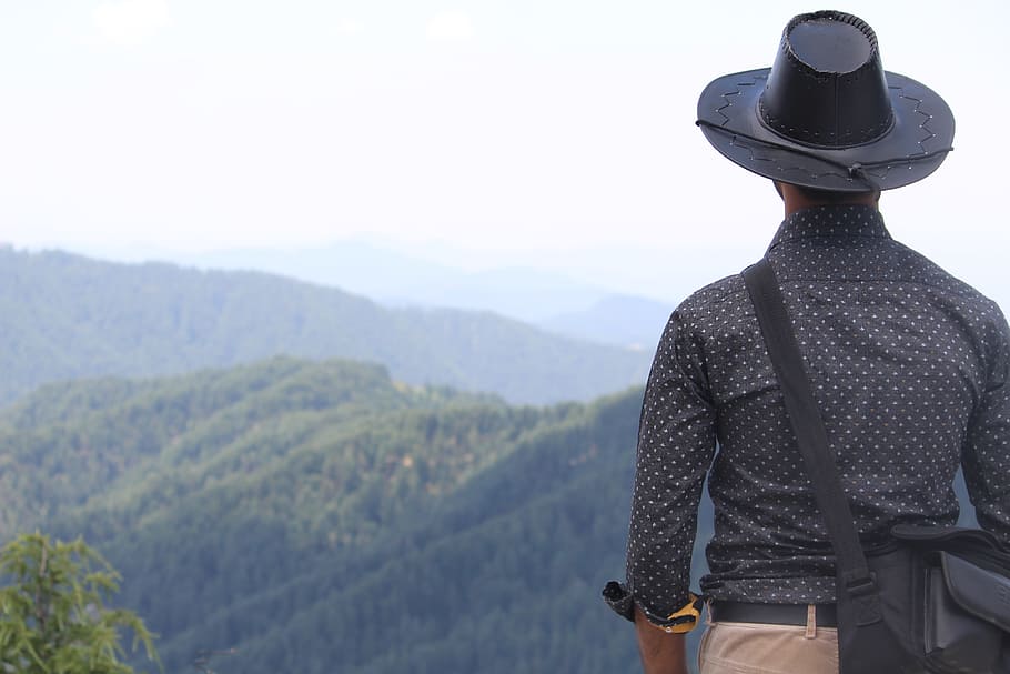 boy, hill, backdrop, view, landscape, thinking, mountain, hat HD wallpaper