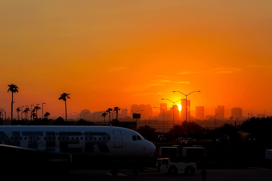 sky, orange, sunlight, sunset, sunrise, nature, airplane, airline HD wallpaper