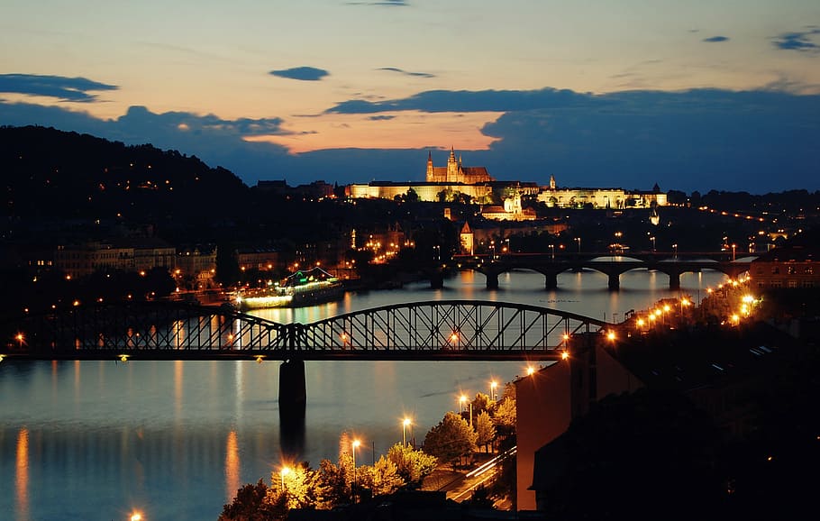 silhouette of bridge during night, prague, evening, sunset HD wallpaper