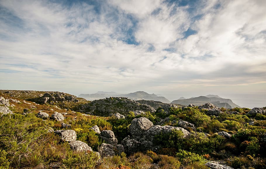 green mountain under cloudy sky, rocks, mountains, clouds, view HD wallpaper
