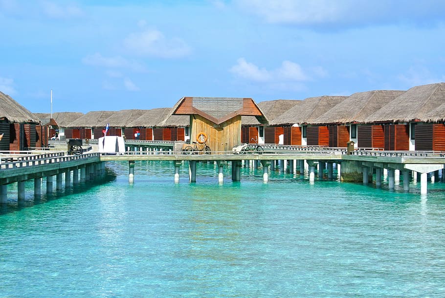 maldives, beach, holiday, vocation, clear water, resort, architecture, HD wallpaper