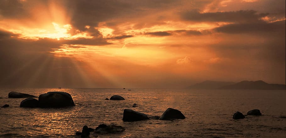 sunset, dawn, dusk, water, sanya, hainan, china, seascape, sky HD wallpaper