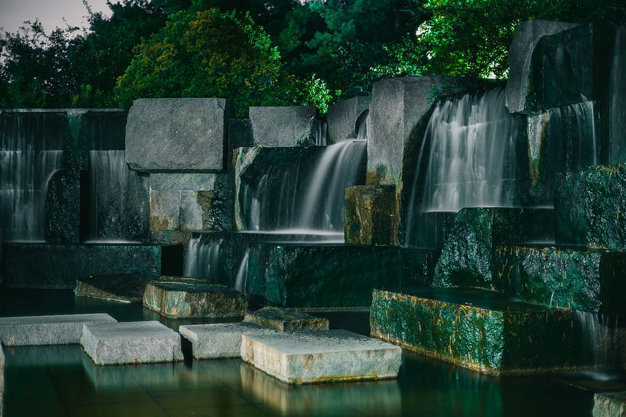 waterfalls near green tree, fountain, forest, water feature HD wallpaper