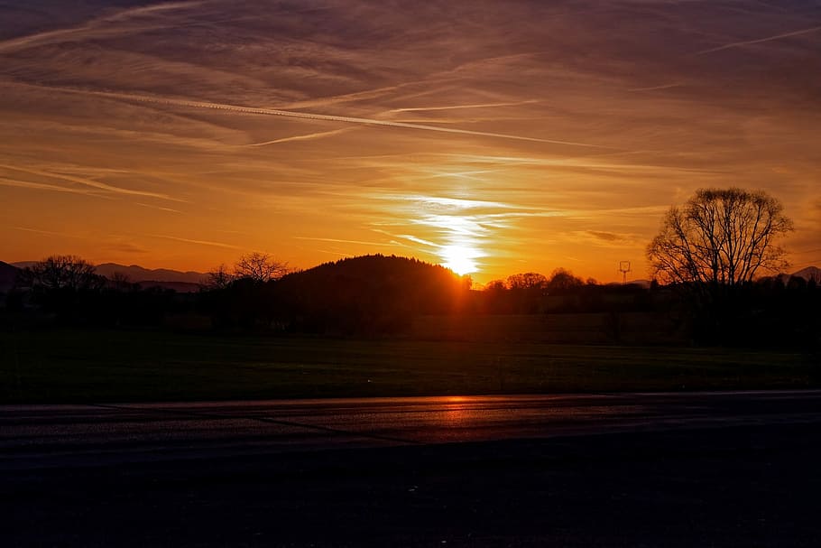 sun, west, that's the orange, path, meadow, stiny, sunset, sky HD wallpaper