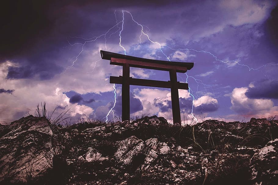 tori, gate, lightning, cloud - sky, storm, nature, power in nature, HD wallpaper