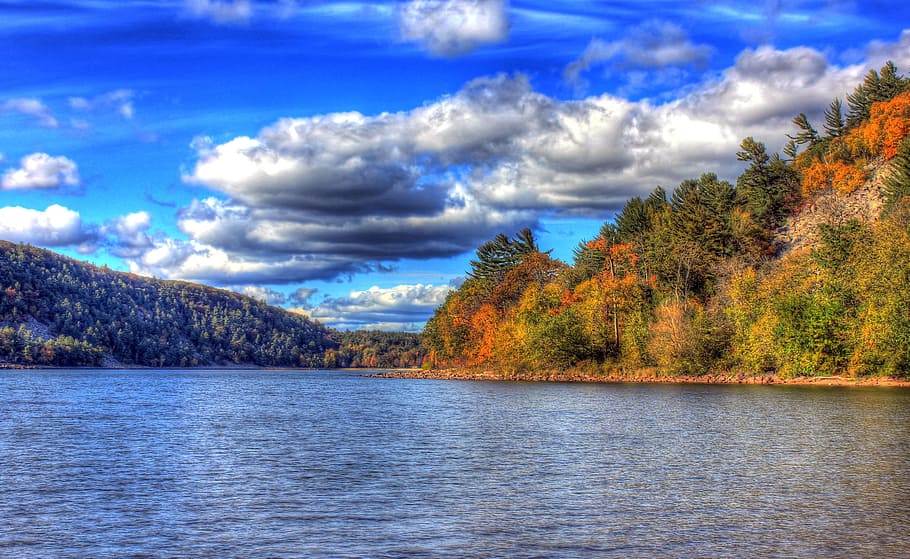 green trees surrounded by body of water, Wisconsin, Devil'S Lake HD wallpaper