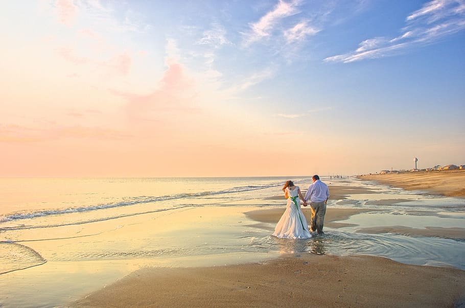 couple holding hands on shore near sea, wedding, boyfriend, beach, HD wallpaper