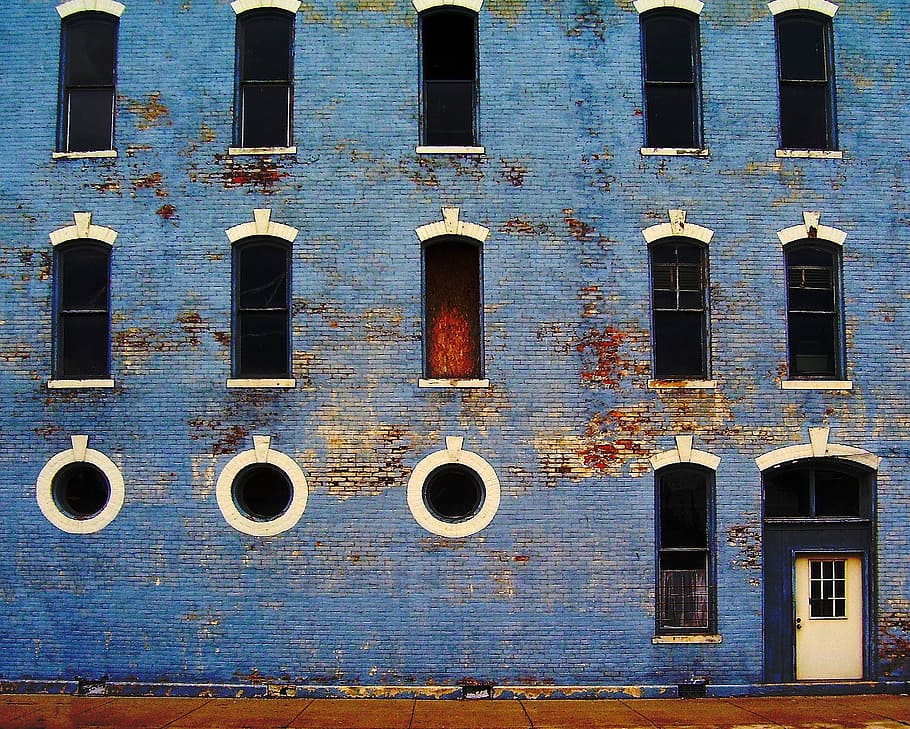building, old, weathered, rustic, blue, windows, exterior, structure HD wallpaper
