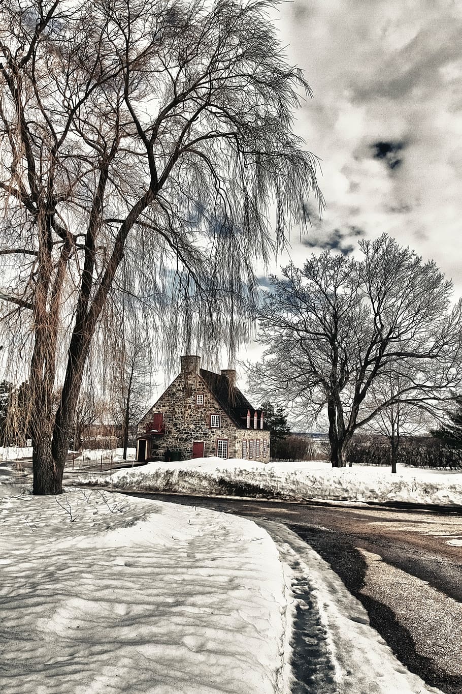 white house near trees, landscape, winter, snow, winter landscape HD wallpaper