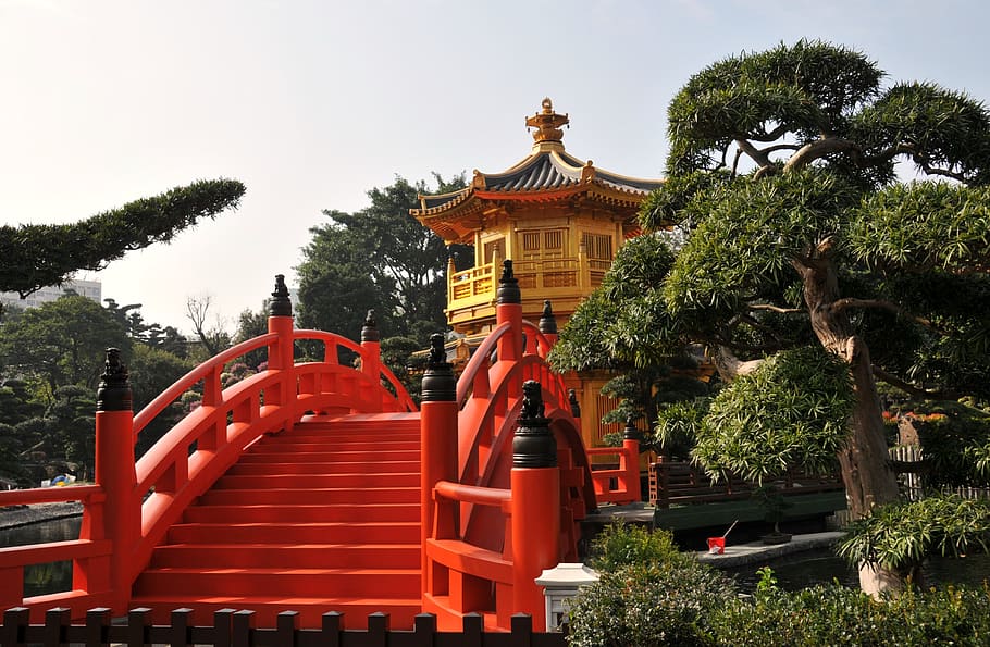 china, temple, budha, bridge, tree, plant, architecture, red HD wallpaper