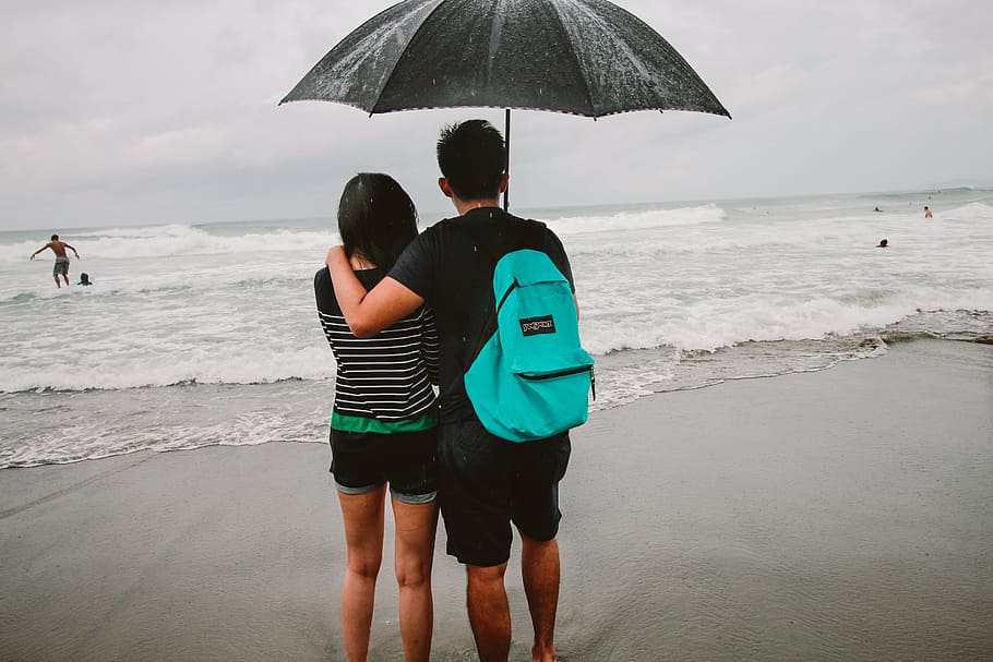 sea, beach, holiday, vacation, back view, backpack, bag, chill HD wallpaper