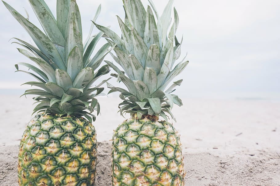 two pineapple fruits, beach, sand, summer, summer vibes, summertime HD wallpaper