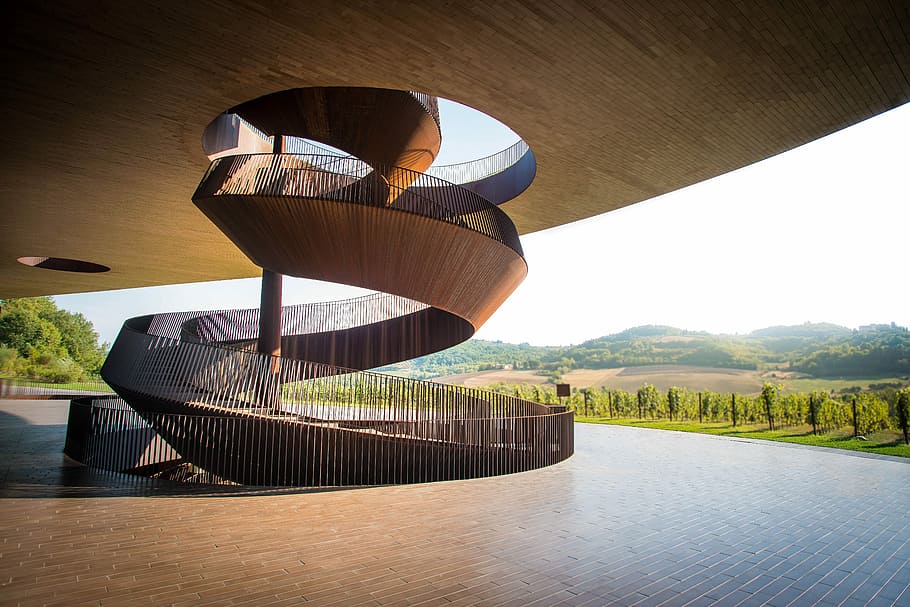 wine architecture, brown stairs, structure, building, staircase HD wallpaper