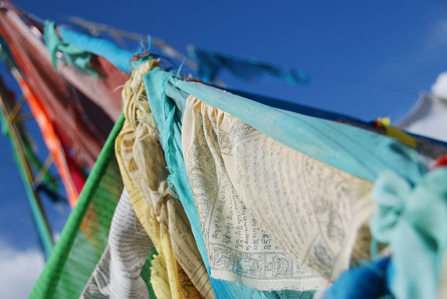 flags, buddhism, prayer, blue, clothing, hanging, textile, laundry, HD wallpaper