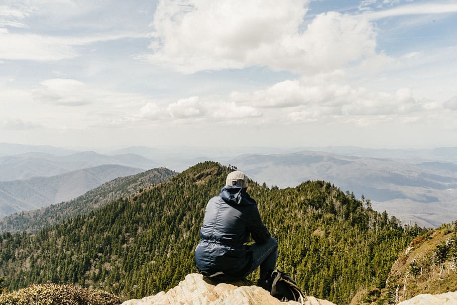 adventure, clouds, landscape, man, mountain range, mountains HD wallpaper