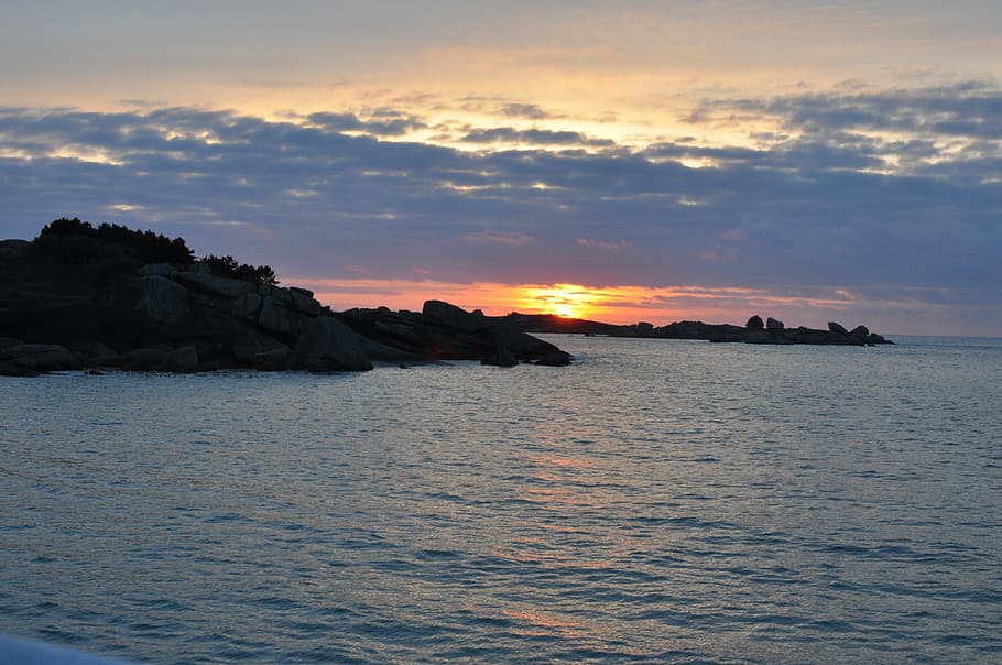 pink granite coast, sunset, france, sky, water, beauty in nature