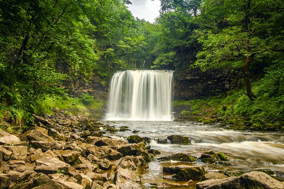 waterfalls surrounded by trees, river, valley, wales, england HD wallpaper