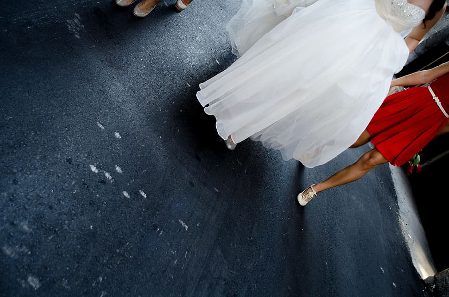 bride, dress, wedding, walking, ground, pavement, low section HD wallpaper