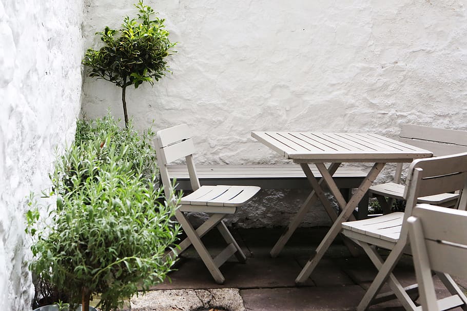 tables, chairs, patio, seat, plant, no people, nature, wood - material HD wallpaper