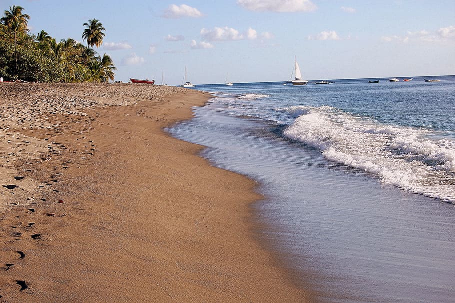 landscape of white sail boat on body of water, Beach, Sea, Ocean, Waves HD wallpaper