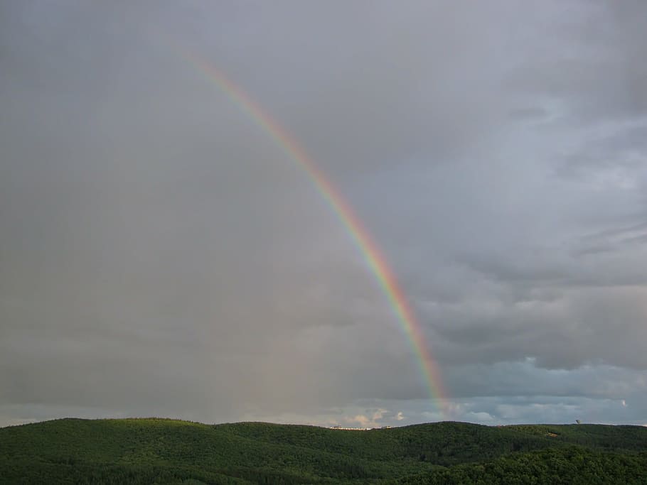 rainbow, clouds, landscape, rainy, weather, horizon, nature HD wallpaper