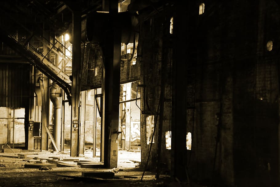 black concrete pillar, factory, hall, industry, monochrome HD wallpaper