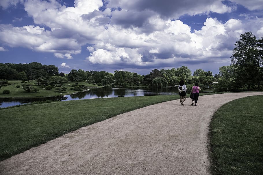 People walking on the path under the clouds landscape, landscapes HD wallpaper