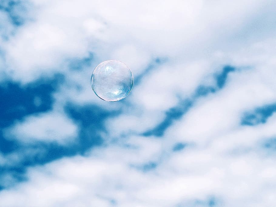 bubble under white clouds at daytime, flying bubble in sky, blue HD wallpaper